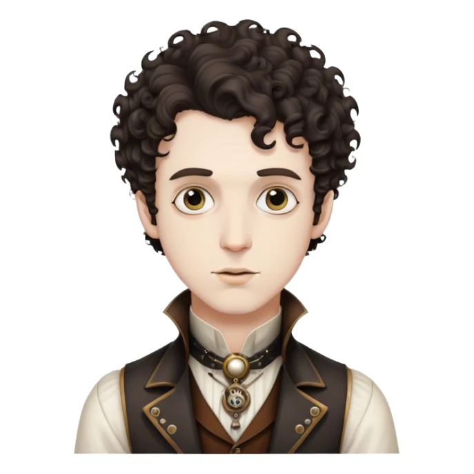 white man short dark curly hair, steampunk singer sticker