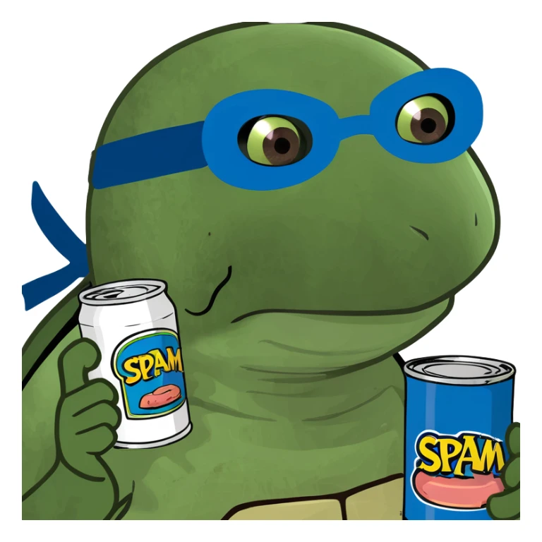 ninja turtle wearing blue eye mask with SPAM can sticker