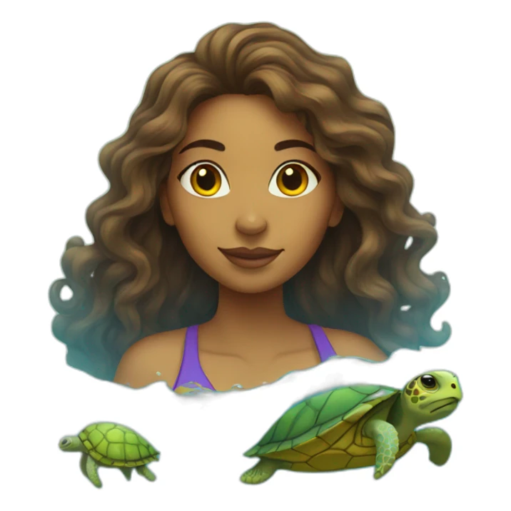 Indian woman with wavy hair swimming with a turtle sticker