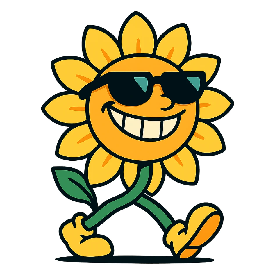 bright pastel yellow sunflower with large sunglasses, grinning proudly while strutting, round body, exaggerated confident face, vibrant toon style sticker