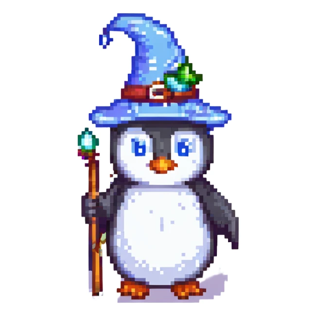 Create a pixel art style image of a penguin wizard with eyes open, keeping the transparent background as in the original image. sticker