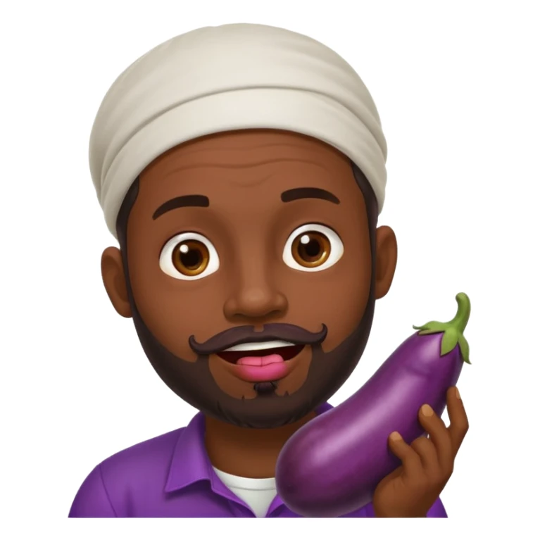 Dominican man with a beard is licking an eggplant sticker