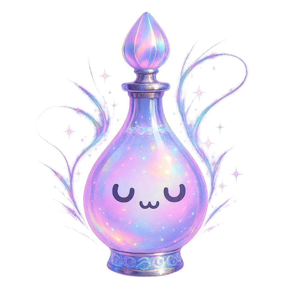 modernus prabangus eliksyro buteliukas, lašo forma su 'UwU' veiduku, pastelinė spalva, holografiniai ir sidabriniai ornamentai, stiprūs magiški švytėjimai ir efektai, labai mažas kaklelis, skaidrus fonas, vientisas dugnas, be šešėlio, plūduriuoja ore, kolekcijos stilius sticker