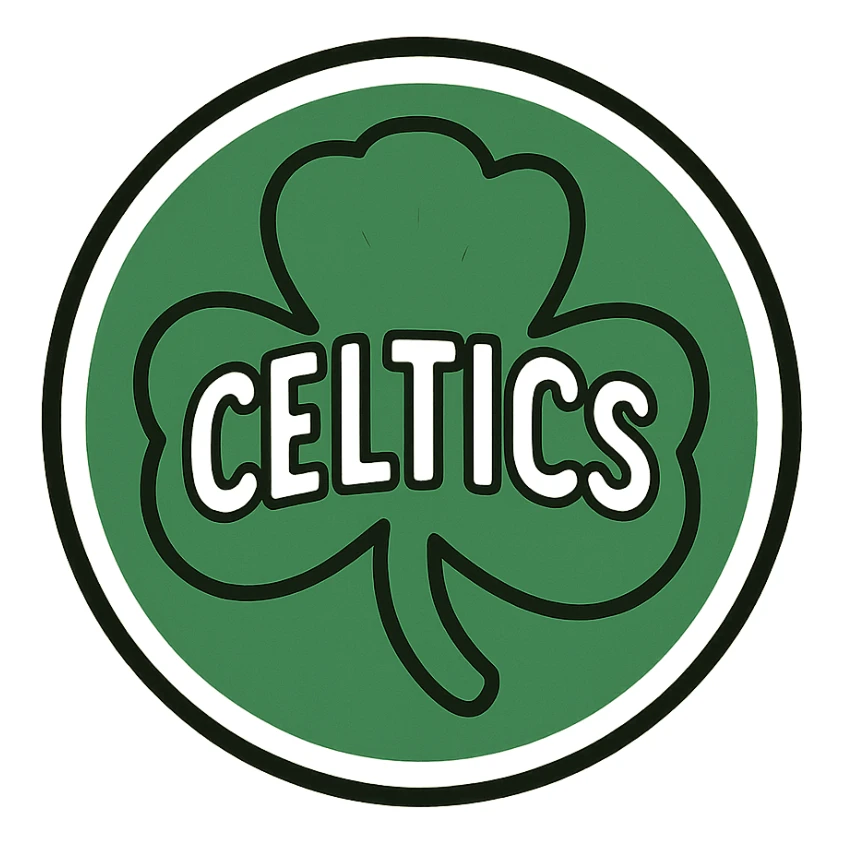 Boston Celtics shamrock emblem, bold lines, green and white, simple icon sticker