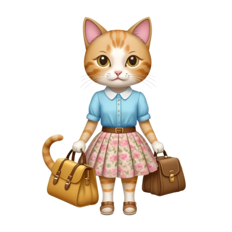 A cat wearing a skirt, blouse , shoes and carrying a bag sticker