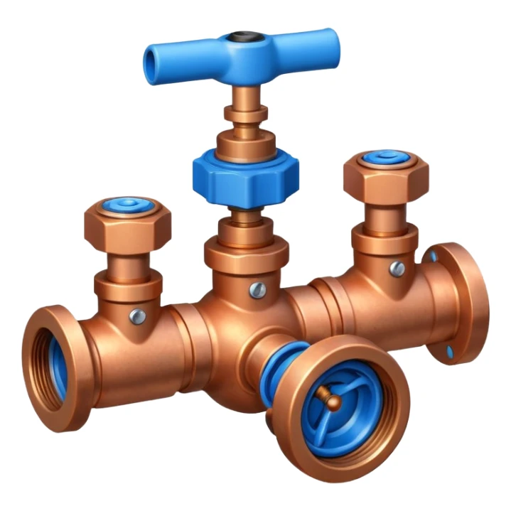3D icon of connected copper pipes with a blue valve in the center, professional Pixar-like style, plumbing-focused, slightly shiny metallic textures, white background



 sticker