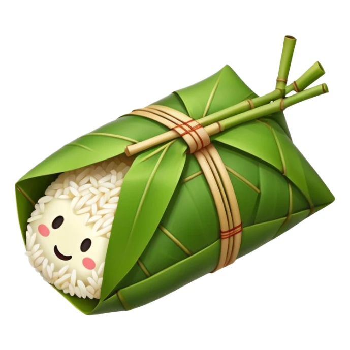Rice dumpling Zongzi wrapped in bamboo leaves, simplified emoji style with bold outlines and bright colors, cartoon style sweet glutinous rice treat sticker