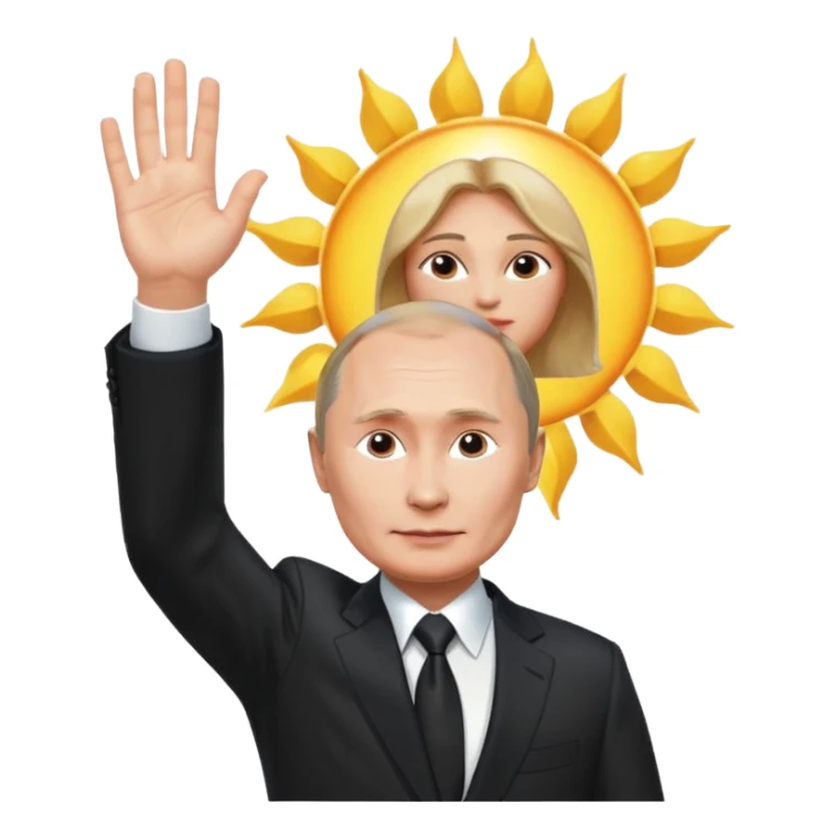 Putin stands with his right hand raised towards the sun sticker