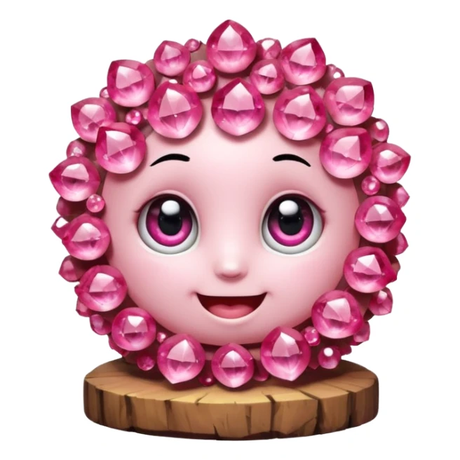 A single cute pink crystal cluster character, chunky round base with many tall rose-pink crystal quartz cluster imperfect, on the front of the base a kawaii face with big shiny eyes and a happy open smile very shiny and nothilng else sticker