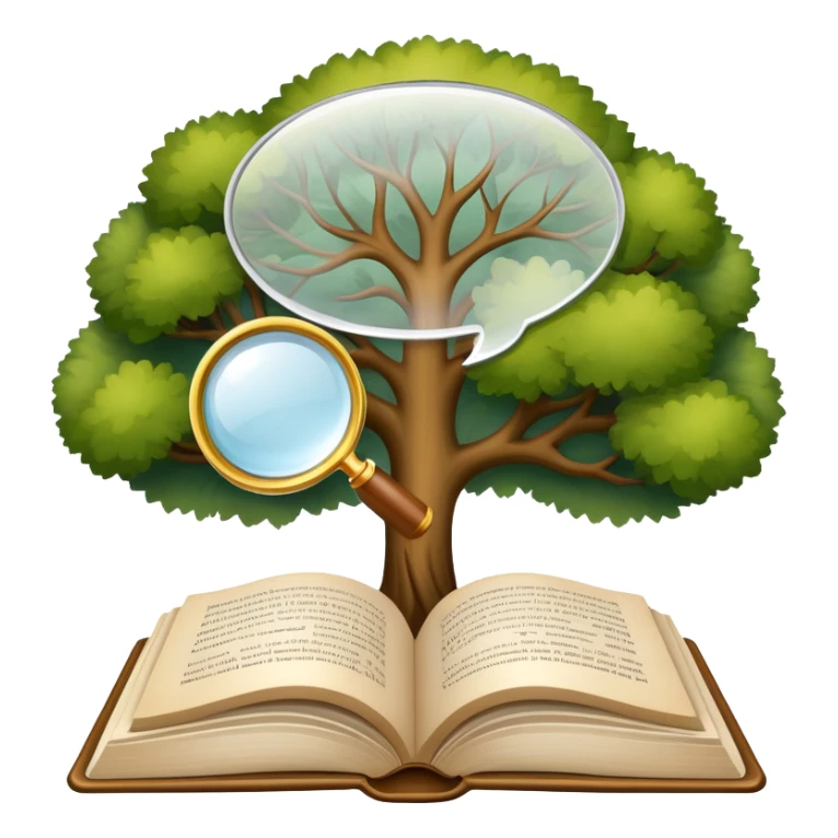 An icon featuring an open book, a speech bubble, and a linguistic tree, symbolizing philology and linguistics. The design includes alphabets, language symbols, and a magnifying glass, representing the study of language, structure, and meaning. Transparent background sticker