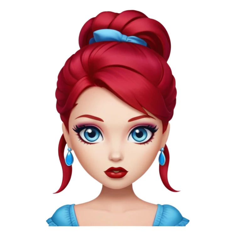 bratz baddie, cherry red hair, blue eyes, makeup sticker