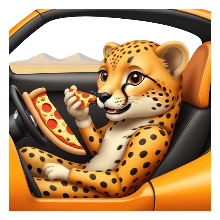A cheetah in a race car eating a slice of pizza sticker