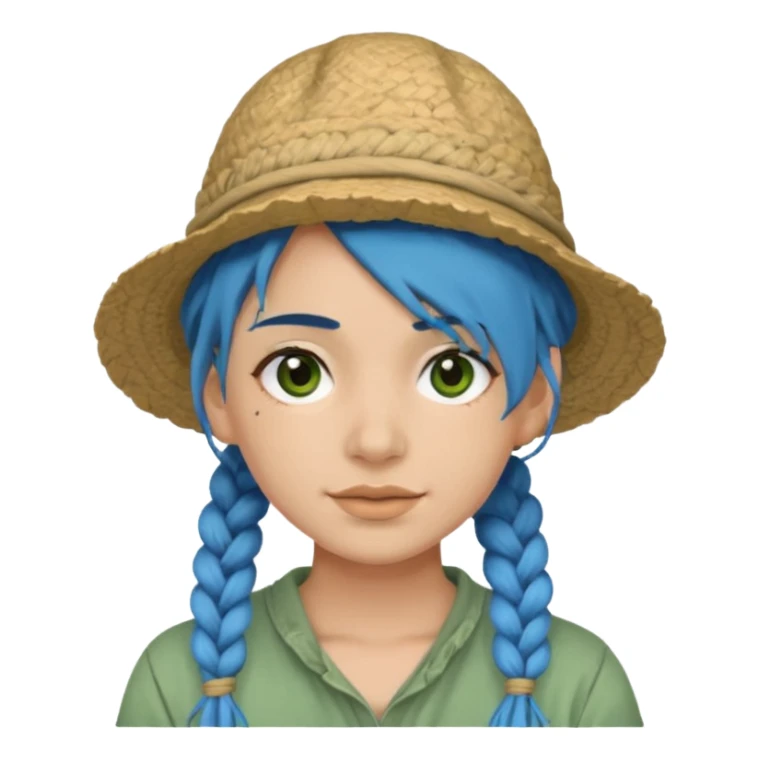 messy green full face clay mask and tourist hat blue hair braid sticker