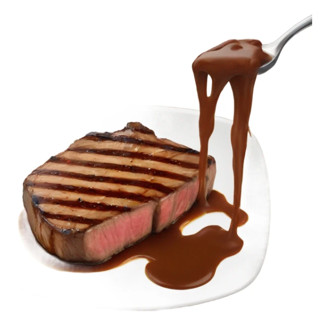 a steak with brown steak sauce drizzled over it sticker