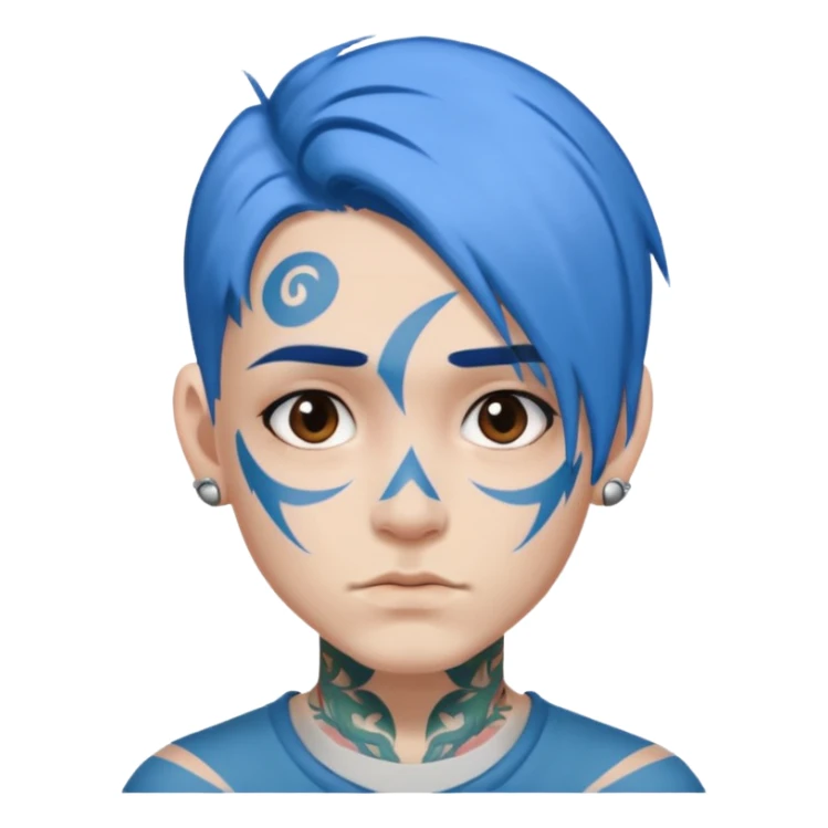 person with blue hair and a face tattoo, neutral expression sticker