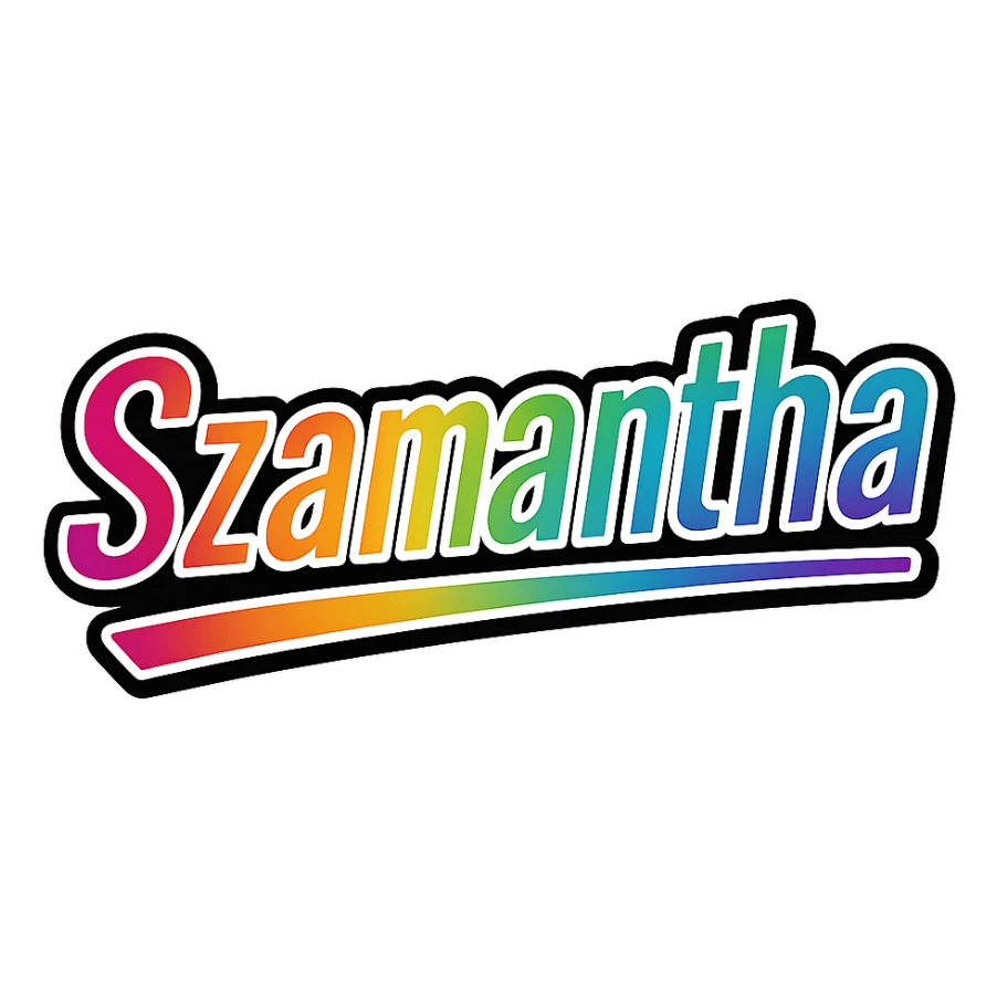Szamantha name in modern gradient font with precise Hungarian characters, dark outline, extra thick, prominent white letter border, dynamic slanted underline, rainbow gradient colors, 1000x1000 px, PNG, transparent background sticker