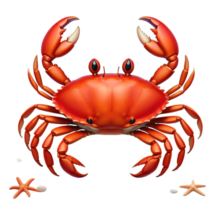 Cinematic Realistic Cute Crab Portrait Emoji, Head tilted playfully and inquisitively, featuring a compact, sturdy form with a glossy red shell uniquely forming an endearing face with bright, sparkling eyes, rendered with intricate natural textures and subtle coastal hues, high shine, affectionate and spirited, styled with a touch of seaside whimsy, soft glowing outline, capturing the essence of a mischievous yet lovable crab that seems ready to pinch playfully out of the screen into your arms! sticker