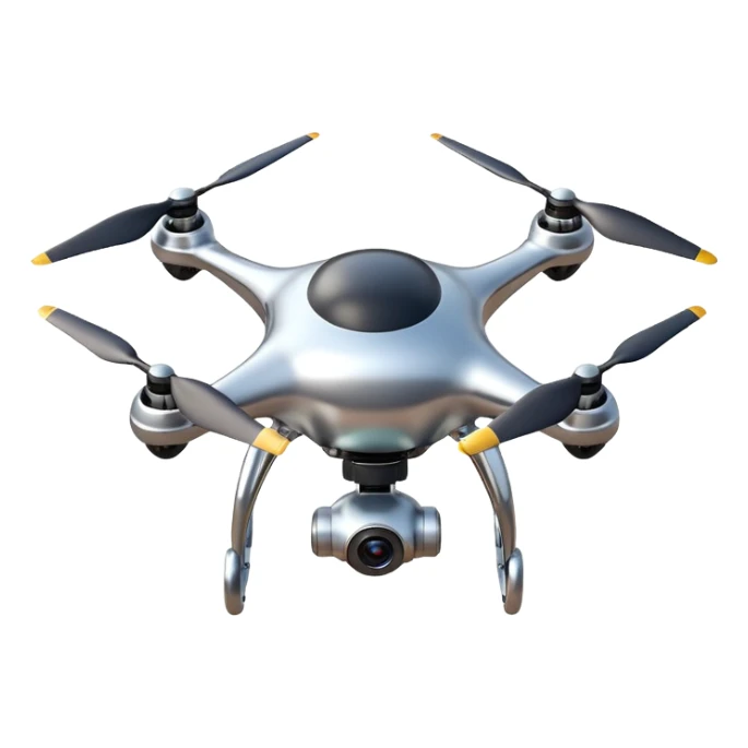 A futuristic drone emoji made of polished silver chrome, smooth rounded body, minimal propellers, reflective metallic surface, soft studio lighting, iOS emoji style, centered, clean white background sticker