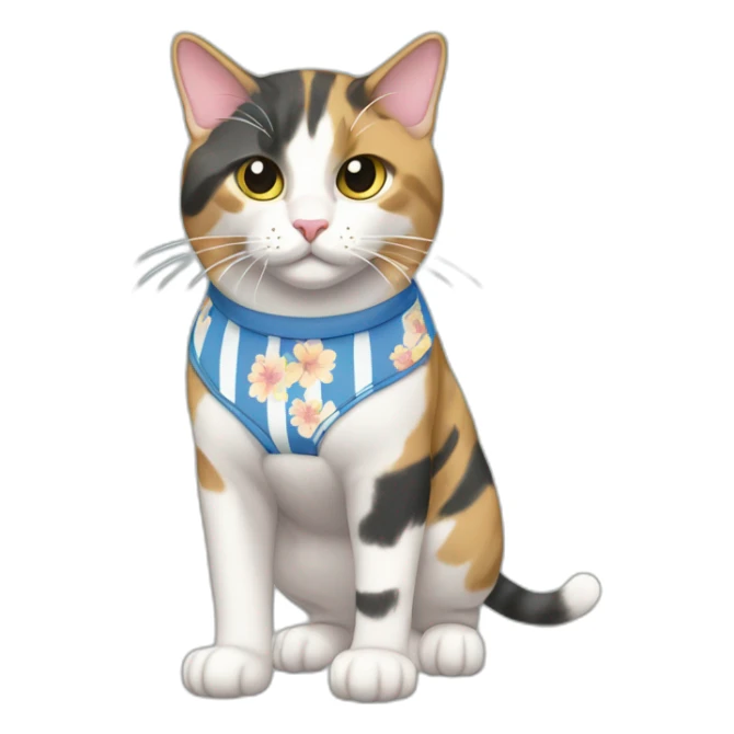 Purradise Meowscles is a buff calico cat  he has a mullet, a floral designed t shirt that is unbuttoned and blue and white stripped shorts sticker