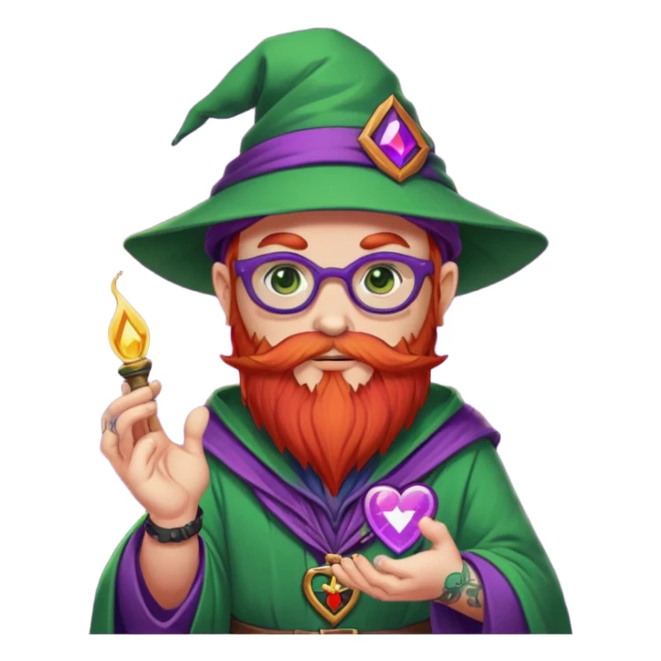 Cartoon DevOps wizard with red beard, no glasses, "I ❤️ YAML" shirt, purple hat, casting green magic. Grafana logo tattoos around eyes. GitOps patch on sleeve. Sticker style with clean outline, transparent background. sticker