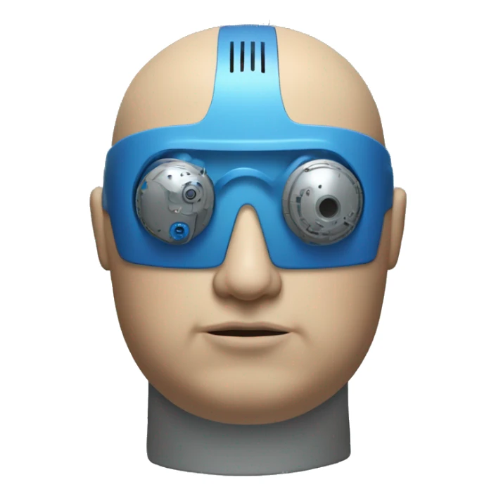 Fat bald cyborg head with tan skin, blue beard, blue goggles and circuits sticker