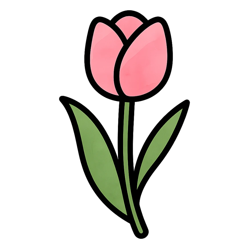 single soft pink tulip with watercolor petals, green stem, curved soft leaves, elegant hand-painted style, color icon with black outlines sticker