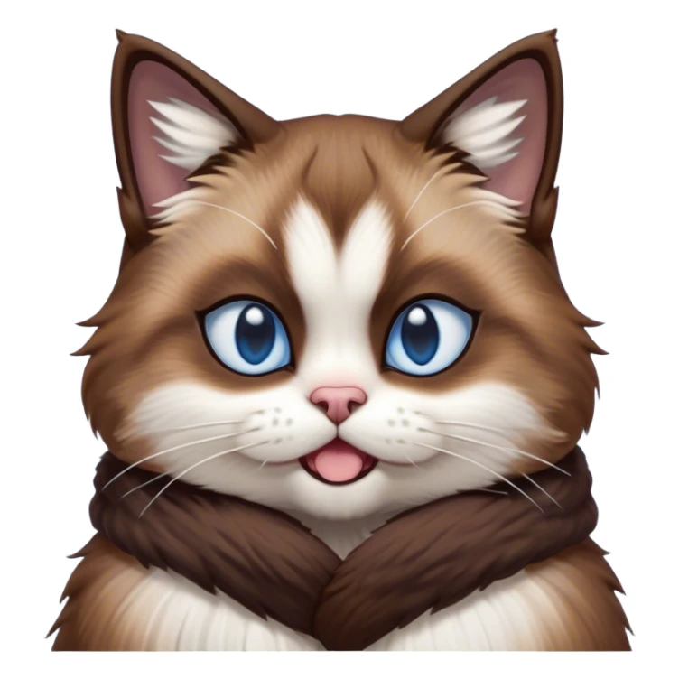 Cinematic Comical Brown Mantle Snowshoe Cat Portrait Emoji, Head tilted dramatically with an exaggeratedly shocked or offended expression, deep brown fur flowing like a mantle over its back, paired with crisp white paws, chest, and a signature white facial mask, piercing icy-blue eyes widened in disbelief, Simplified yet hilariously expressive features, highly detailed, glowing with a slightly sassy glow, high shine, dramatic yet playful, stylized with an air of attitude, bright and endearing, soft glowing outline, capturing the essence of a sassy and over-the-top feline, so meme-worthy it feels like it could side-eye its way into internet fame instantly! sticker