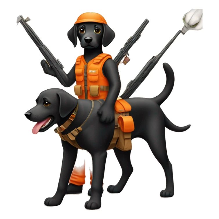 Dark Black lab in orange hunting gear holding rifle sticker