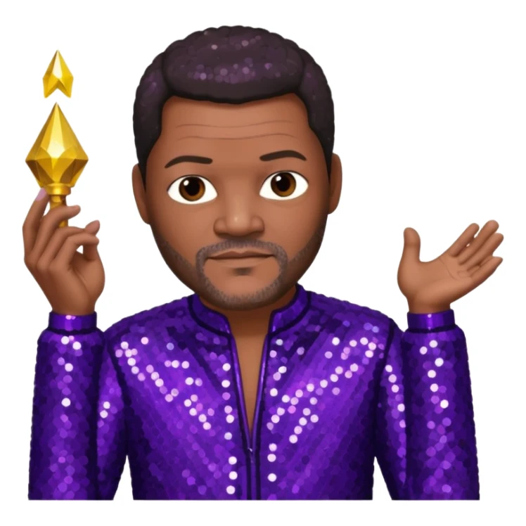 Lawrence Fishburne with dark brown hair, dark purple sequin outfit sticker