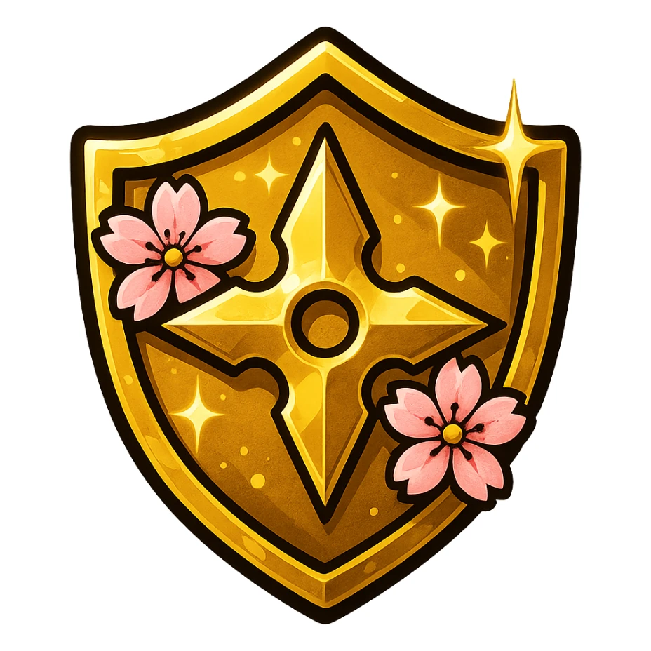 Anime-inspired Japanese style badge for Gold rank: traditional crest shape with gold and yellow gradient, sakura (cherry blossom) accents, ninja star, bold highlights and shadows, sparkly effects, no text, sized for Twitch or Discord use, transparent background. sticker