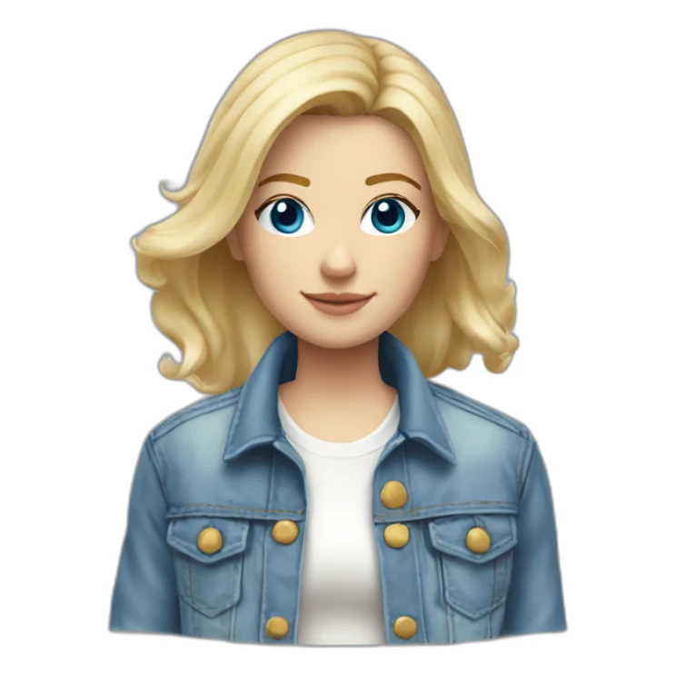 caucasian square cut blonde hair blue eyes white top jean jacket sticker