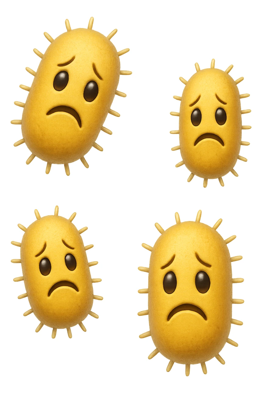 emoji stile iphone di batteri intestinali con espressione triste che fluttuano in aria, iperrealistico 4k, isolato su sfondo bianco sticker