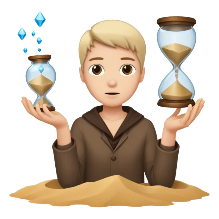 Character holding a broken hourglass, sand frozen mid-air sticker