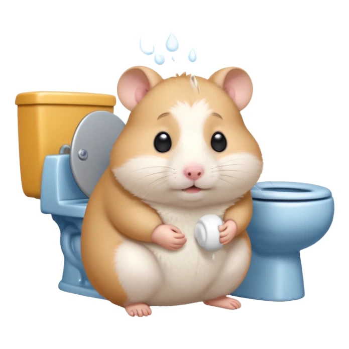 Cute chubby cartoon-style hamster sitting on toilet pooping looking as if he had an accident sticker