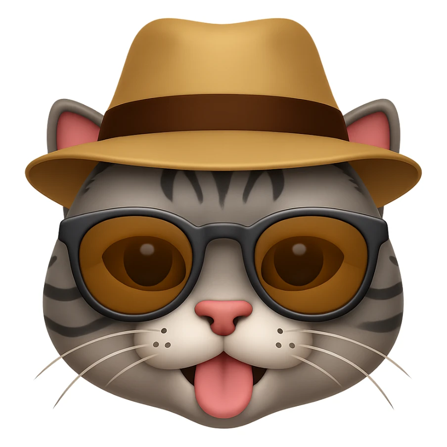 Edit the image of a cat wearing sunglasses with a hat with a playful expression in an emoji style. Remove the background and keep the playful and cool vibe with sunglasses and a hat, resembling an emoji look. sticker