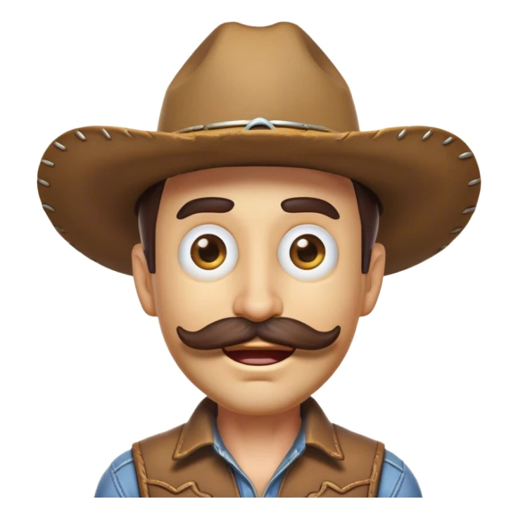 Clash of Clans aesthetic Comical Cowboy Portrait Emoji, Head tilted dramatically with an exaggerated, fun expression and wide, comically expressive eyes, featuring a rugged yet cartoonish build with a playful cowboy hat and quirky mustache, his natural skin tone evident, Simplified yet hilariously expressive features, highly detailed, glowing with a slightly sassy western glow, high shine, dramatic yet playful, stylized with an air of cheeky frontier mischief, soft glowing outline, capturing the essence of a meme-worthy cowboy bringing humor to epic quests! sticker