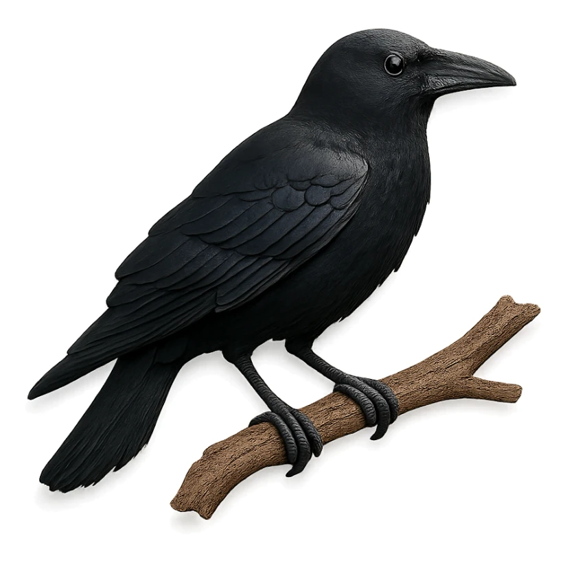 very detailed American Crow perched on a tree branch, intricate cut paper textures, glossy black feathers sticker