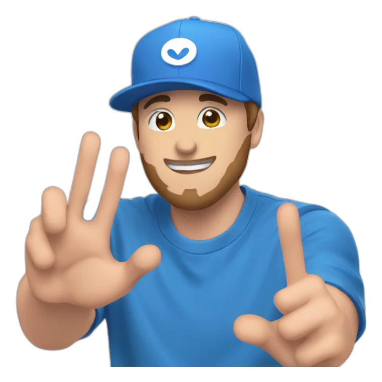 MrBeast wearing a blue cap making heart sign with a hand sticker