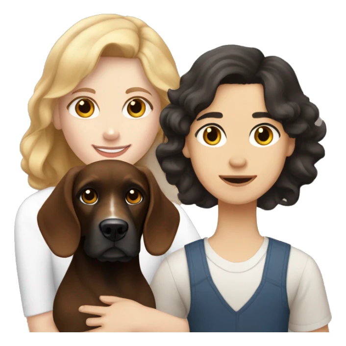 Brown-haired white-skinned girl and black-haired tan-skinned boy with a white and brown cocker spaniel. sticker