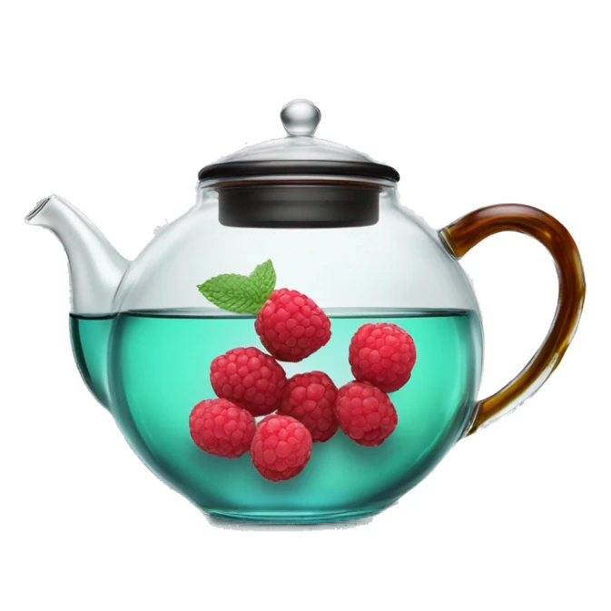 transparent glass teapot for tea brewing, inside of which is black tea with tiny raspberries, lemon and mint and cinnamon sticker