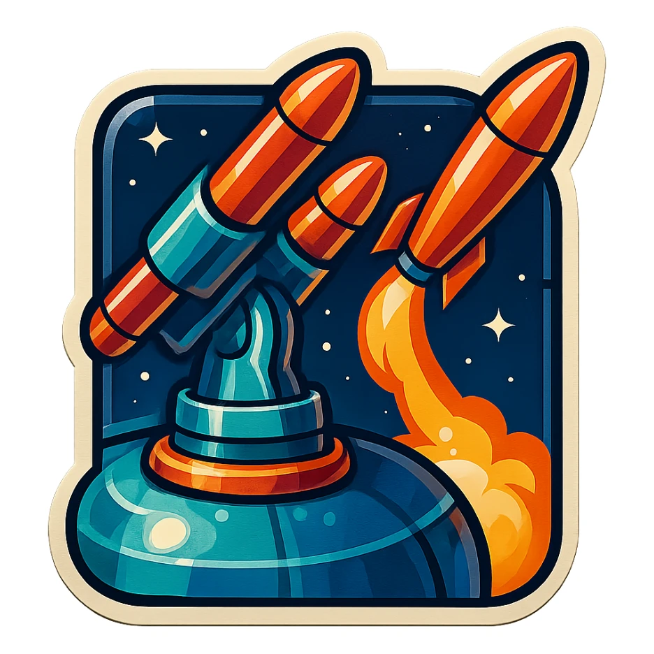 missile battery on a space station launching a missile, retro stickers style, close-up sticker