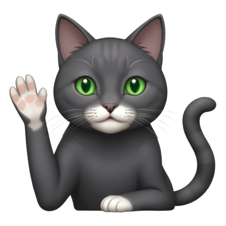 full body gorgeous solid dark grey cat with green eyes, white paws and white whiskers reaching for something sticker