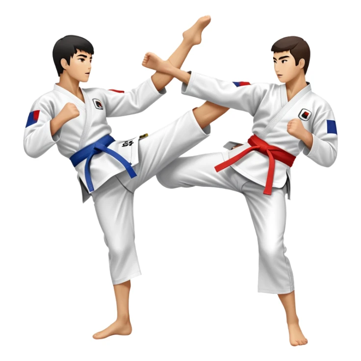 Two taekwondo fighters in a competition arena, one performing a high spinning kick towards the opponent’s head, while the other blocks with a precise guard. The background features a dynamic, bright arena with flags, emphasizing speed and agility in the martial art. Transparent background  sticker