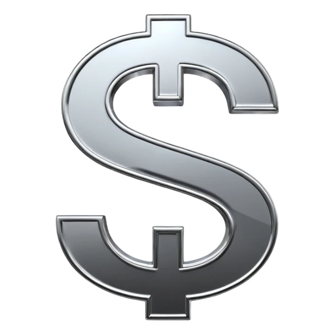 A double dollar sign emoji made of polished silver chrome, smooth metallic surface, glossy reflections, luxury swag vibe, minimal iOS emoji style, centered on white background sticker