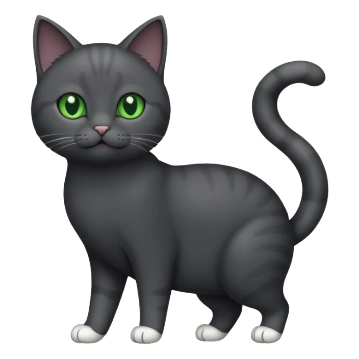 full body gorgeous solid dark grey cat with green eyes, white paws and white whiskers playing sticker