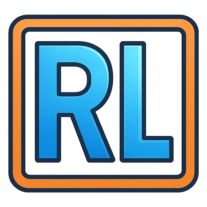 modern minimalistic logo featuring the letters 'RL' in bold sans-serif font, sleek professional design, clean lines, balanced typography, subtle gradient or metallic finish on letters, simple transparent background, conveys innovation strength reliability, ideal for tech or AI company sticker