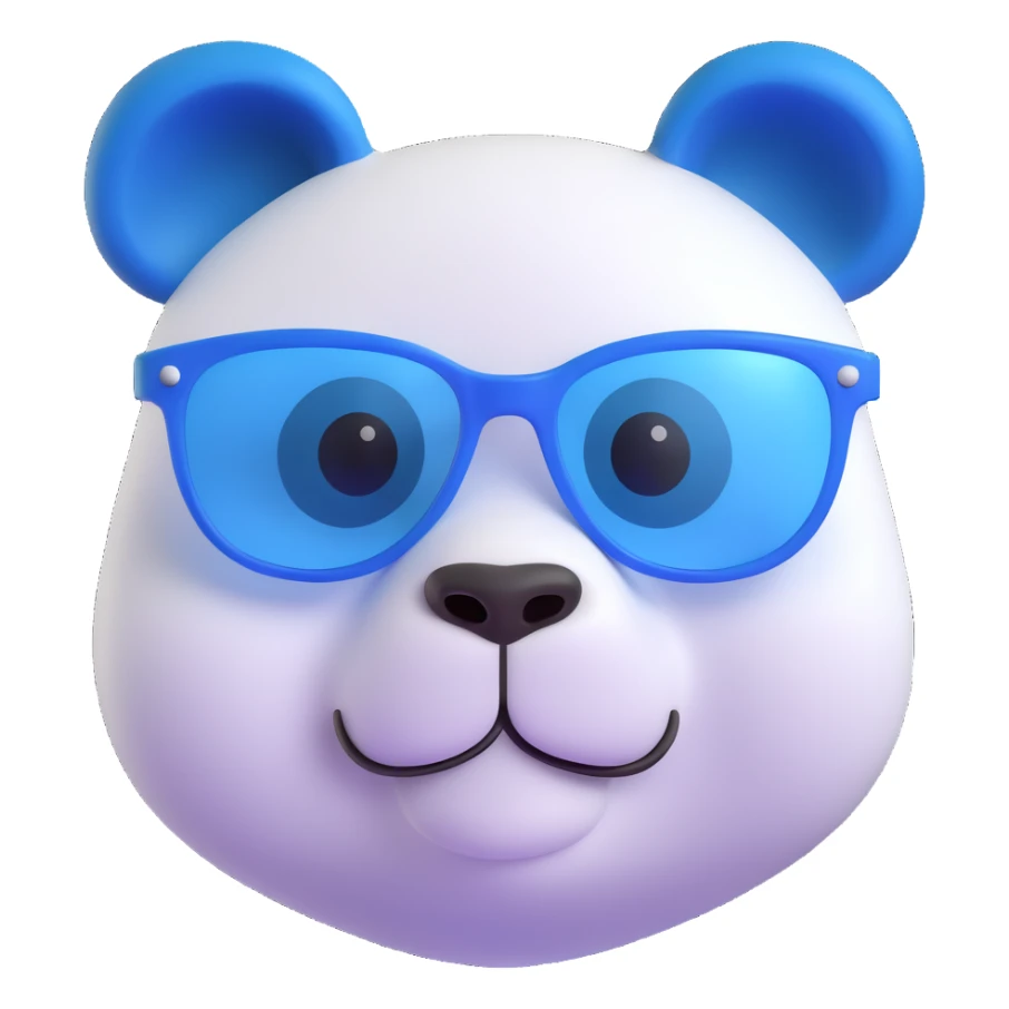 3D emoji of a playful and modern panda face inspired by classic panda emoji, with white and rich blue color scheme #002FA7 instead of black, wearing stylish white translucent designer glasses, smooth 3D finish sticker
