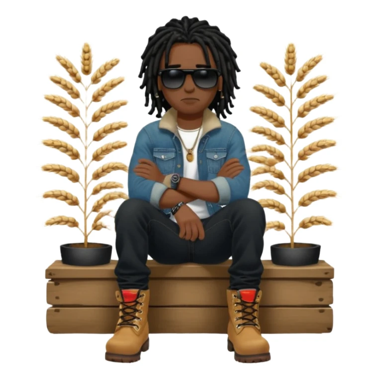African American man with shoulder length black dreadlocks with black bead wearing black sunglasses with wearing denim skinny jeans and wheat timberland boots with arms folded sticker