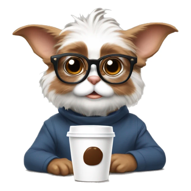 Cute and real gizmo from gremblins studyng with glasses and a coffee sticker