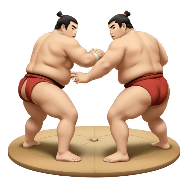 Two sumo wrestlers in a classic dohyo ring, each displaying powerful stances and ready to engage in a fierce match. One wrestler attempts a pushing attack, while the other counters with a thrust. The background shows the traditional sumo arena and spectators. Transparent background. sticker